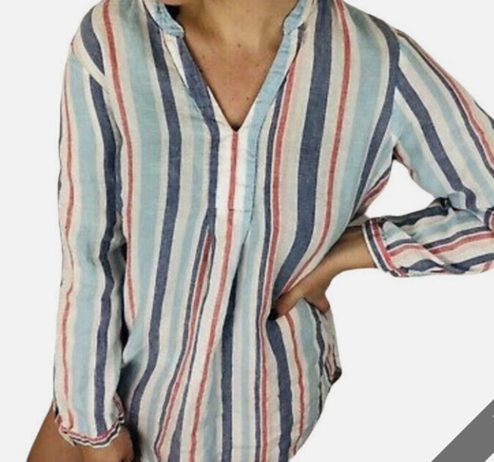 LL Bean Premium Washable Linen Top Splitneck Tunic LS Stripe Shirt Size M